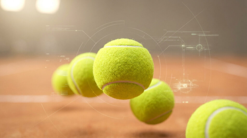 Balles de tennis jaunes en suspension sur un court en terre battue avec des graphiques numériques superposés.