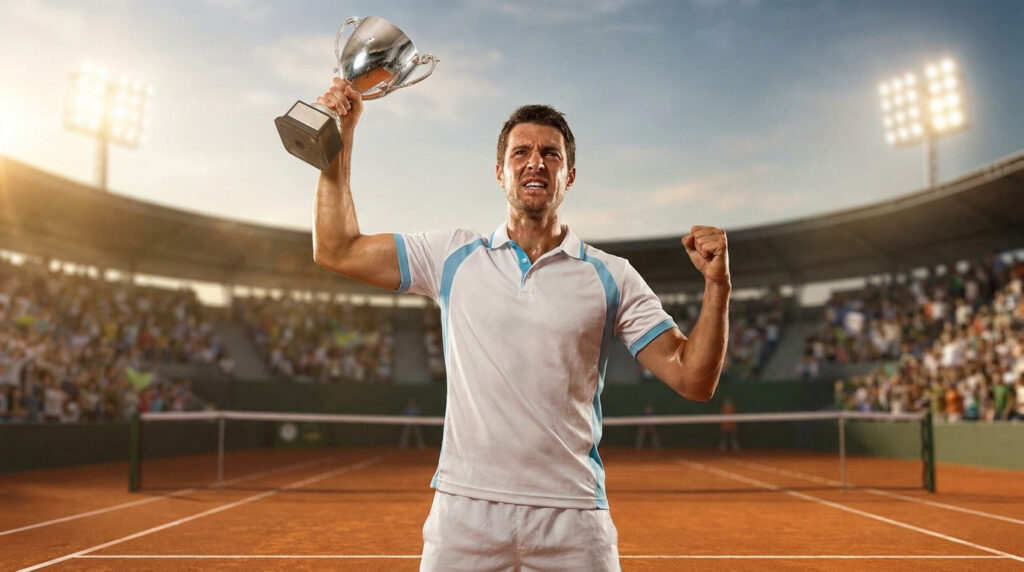Novak Djokovic brandit un trophée de tennis dans un stade bondé sous les projecteurs, célébrant sa victoire.