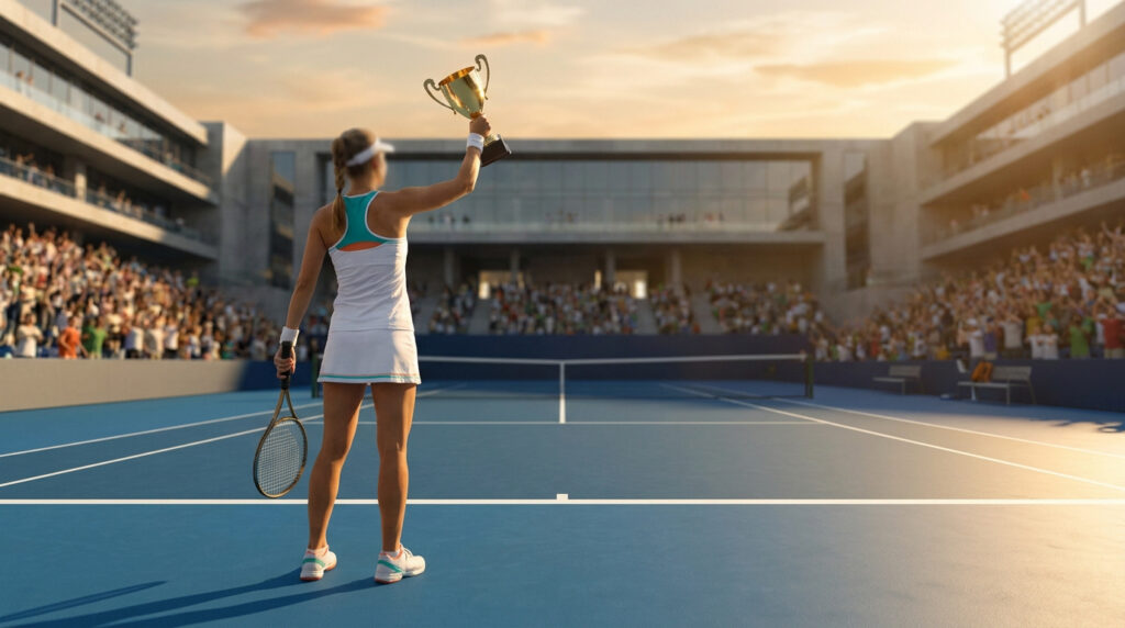 Une joueuse de tennis victorieuse brandit son trophée sur un court bleu face à une foule en liesse au coucher du soleil.