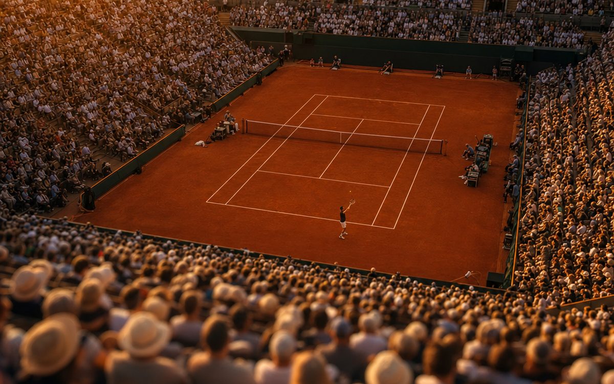 Un match de tennis professionnel sur terre battue vu depuis les tribunes