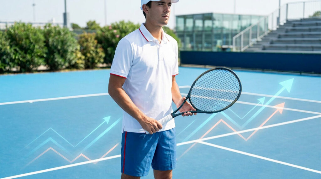 Un joueur de tennis sur un court bleu avec des graphiques de progression en arrière-plan.