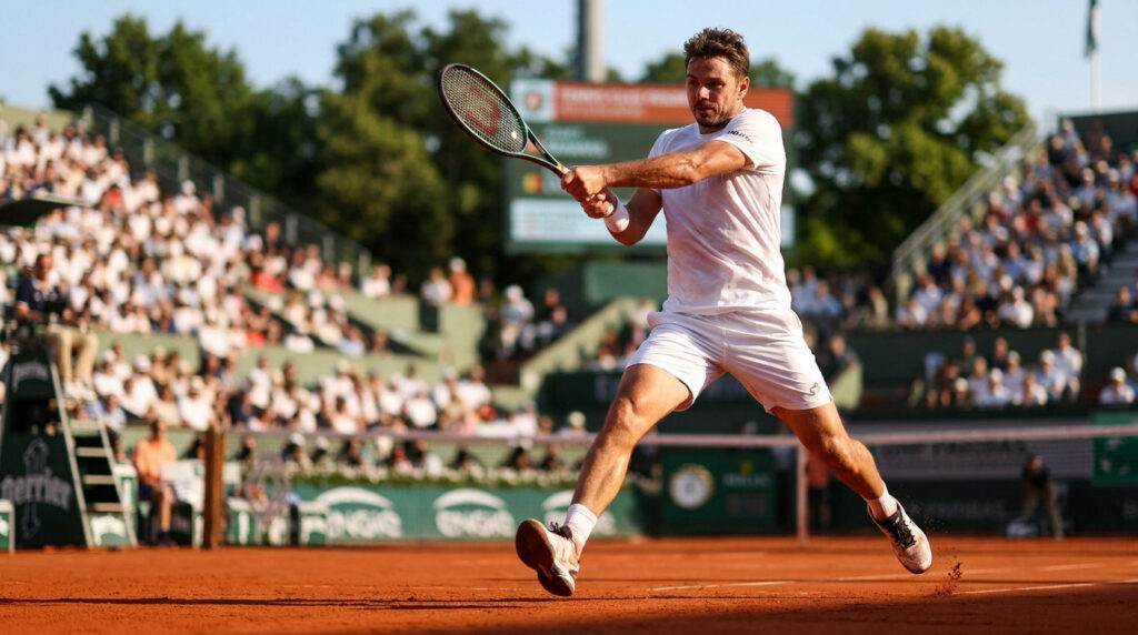 Stan Wawrinka effectue un revers sur la terre battue de Roland-Garros devant les gradins remplis de spectateurs.