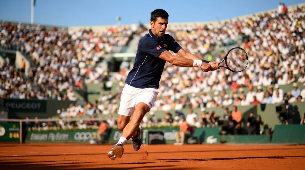 Novak Djokovic effectue un revers sur le court en terre battue de Roland-Garros devant des gradins remplis.