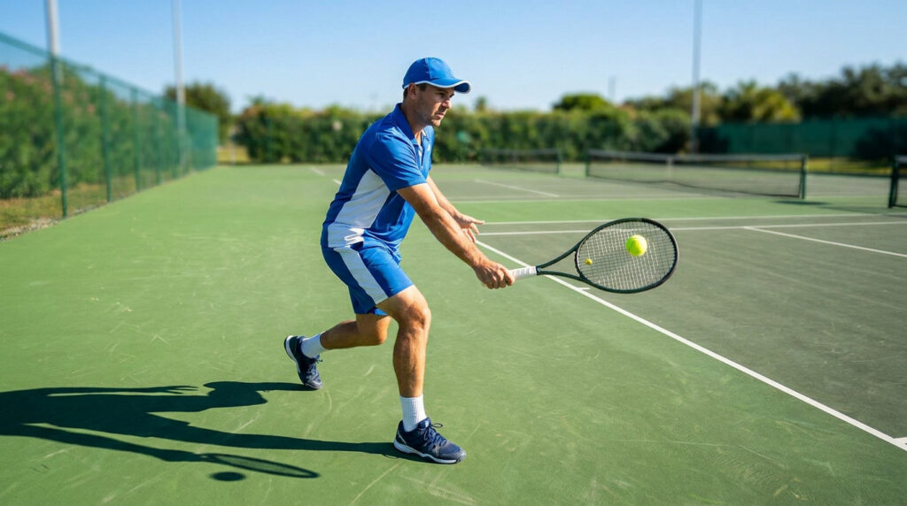 Un joueur de tennis en tenue bleue sur un court extérieur effectuant un coup droit avec une raquette Wilson Clash 100.