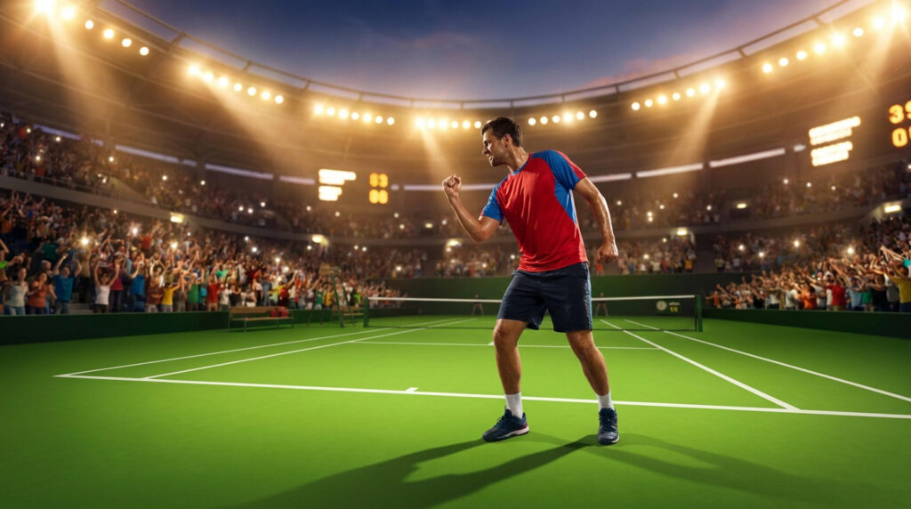 Un joueur de tennis célèbre sa victoire sur un court sous les projecteurs d'un stade bondé.
