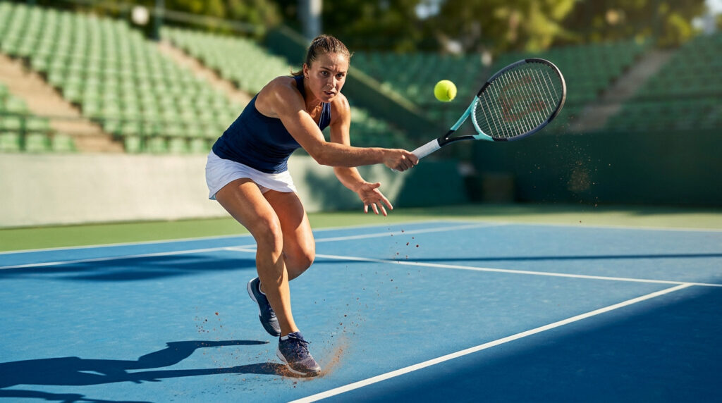 Une joueuse de tennis en action frappant la balle avec une raquette Yonex sur un court en dur bleu.