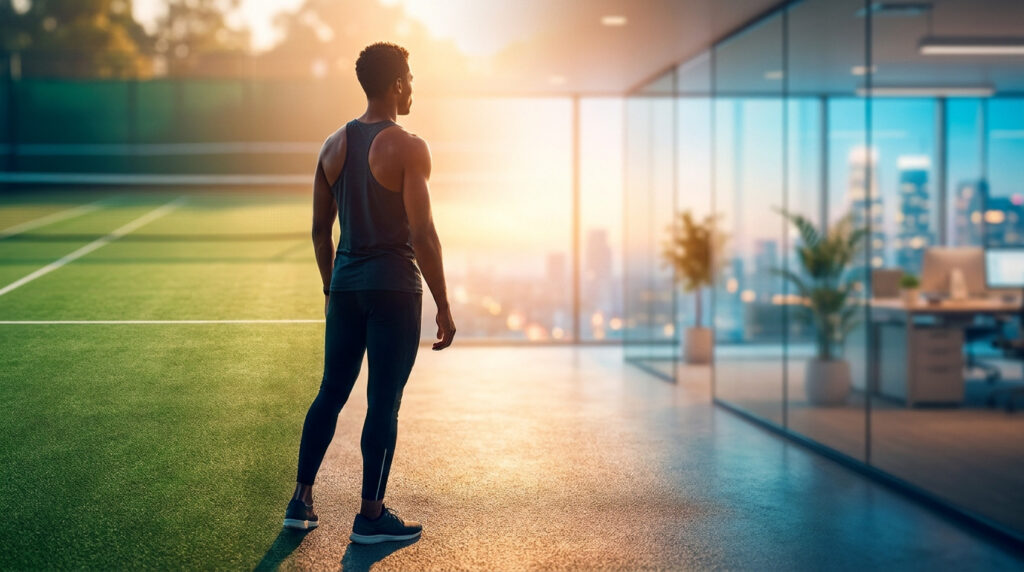 Un homme athlétique debout entre un court de tennis et un bureau moderne au coucher du soleil.