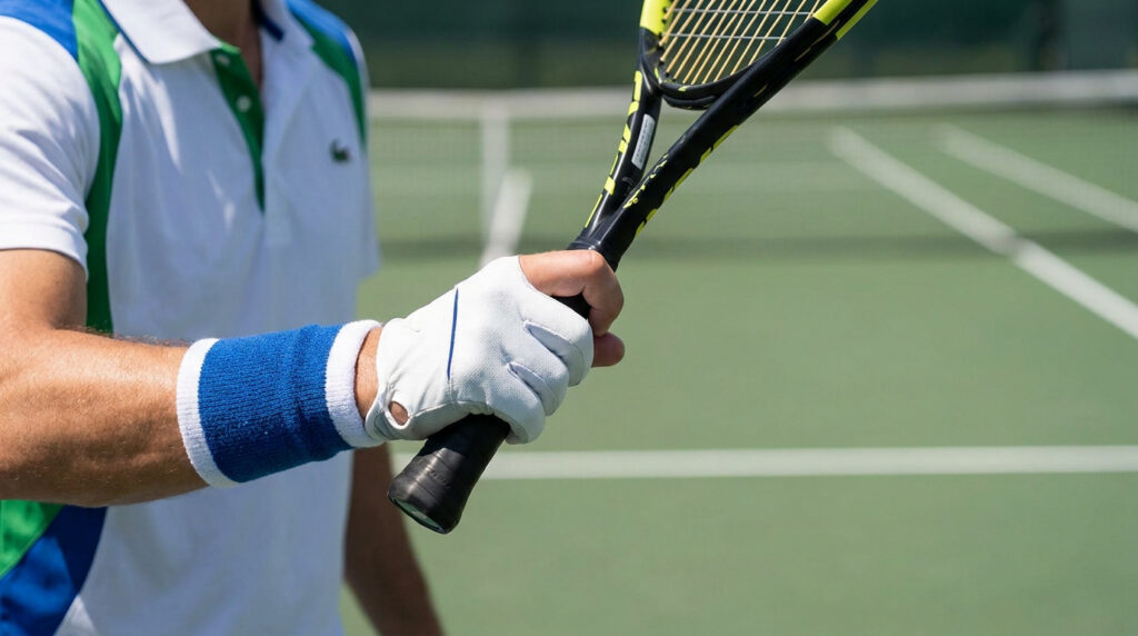 Gros plan sur une main gantée tenant une raquette de tennis en prise continentale sur un court.