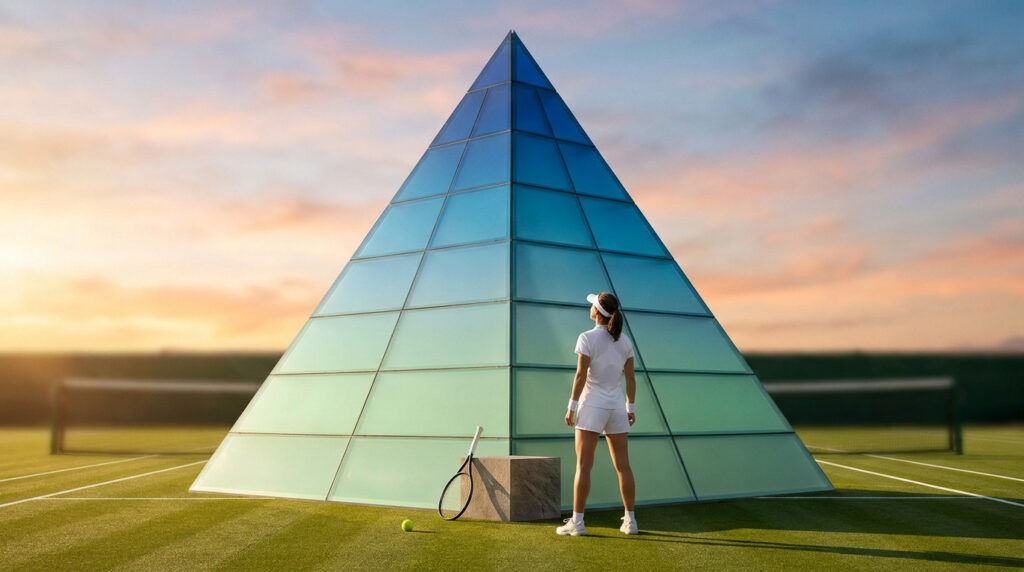 Une joueuse de tennis en tenue blanche observe une pyramide en verre symbolisant les niveaux de classement sur un court.