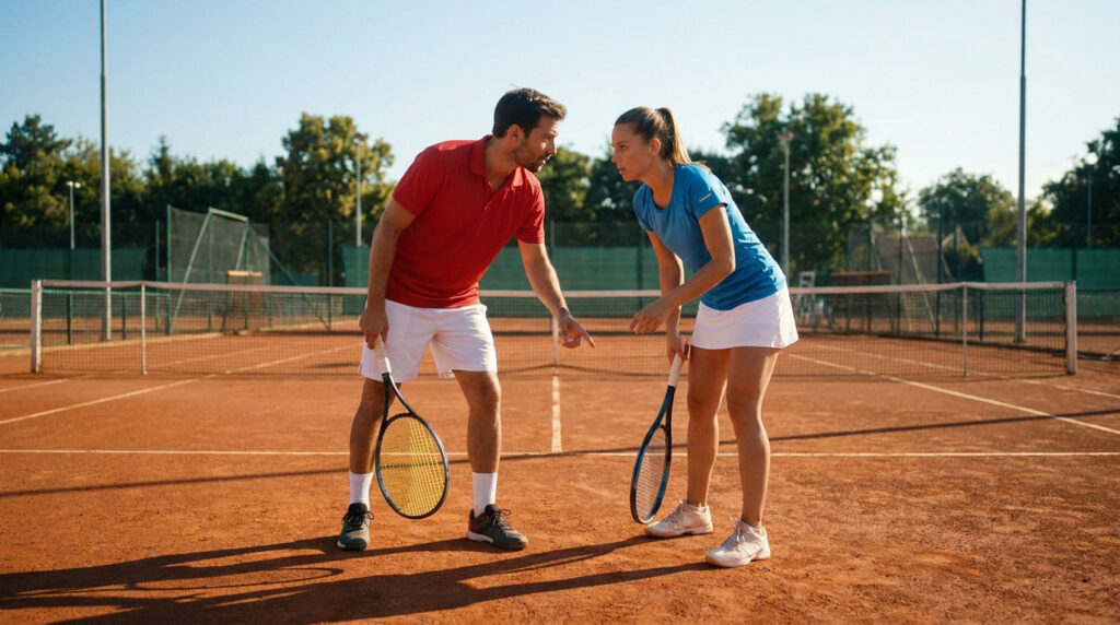 Un coach de tennis en polo rouge explique une tactique de jeu à une joueuse sur un terrain en terre battue.