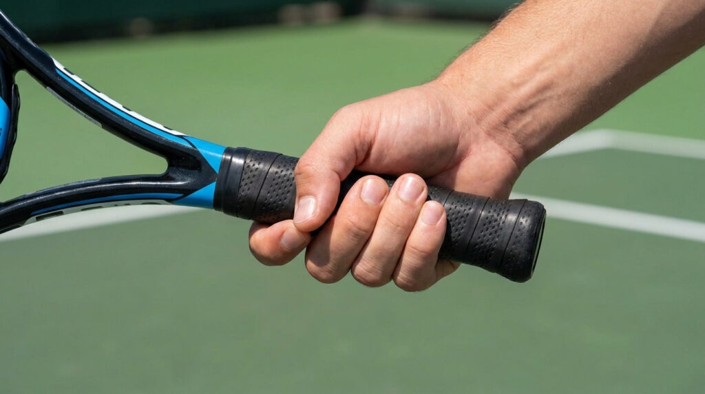 Une main tenant fermement le manche d'une raquette de tennis sur un court.