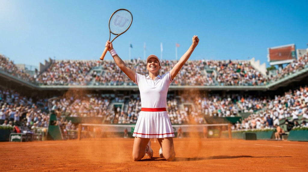 Une joueuse de tennis célèbre sa victoire en tombant à genoux sur la terre battue sous les acclamations du public.