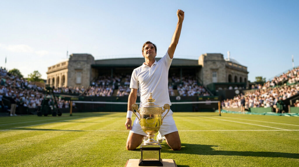 Roger Federer à genoux sur le court central de Wimbledon, célébrant une victoire avec le trophée devant le public.